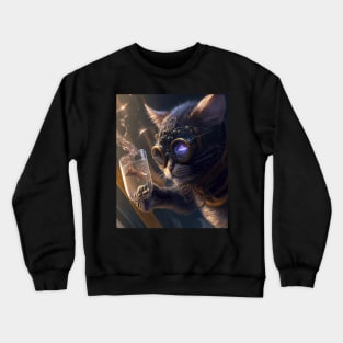 Funny Cat Drinking Coffee Digital Artwork Futuristic - Awesome Mothers Day Birthday Gift ideas Crewneck Sweatshirt